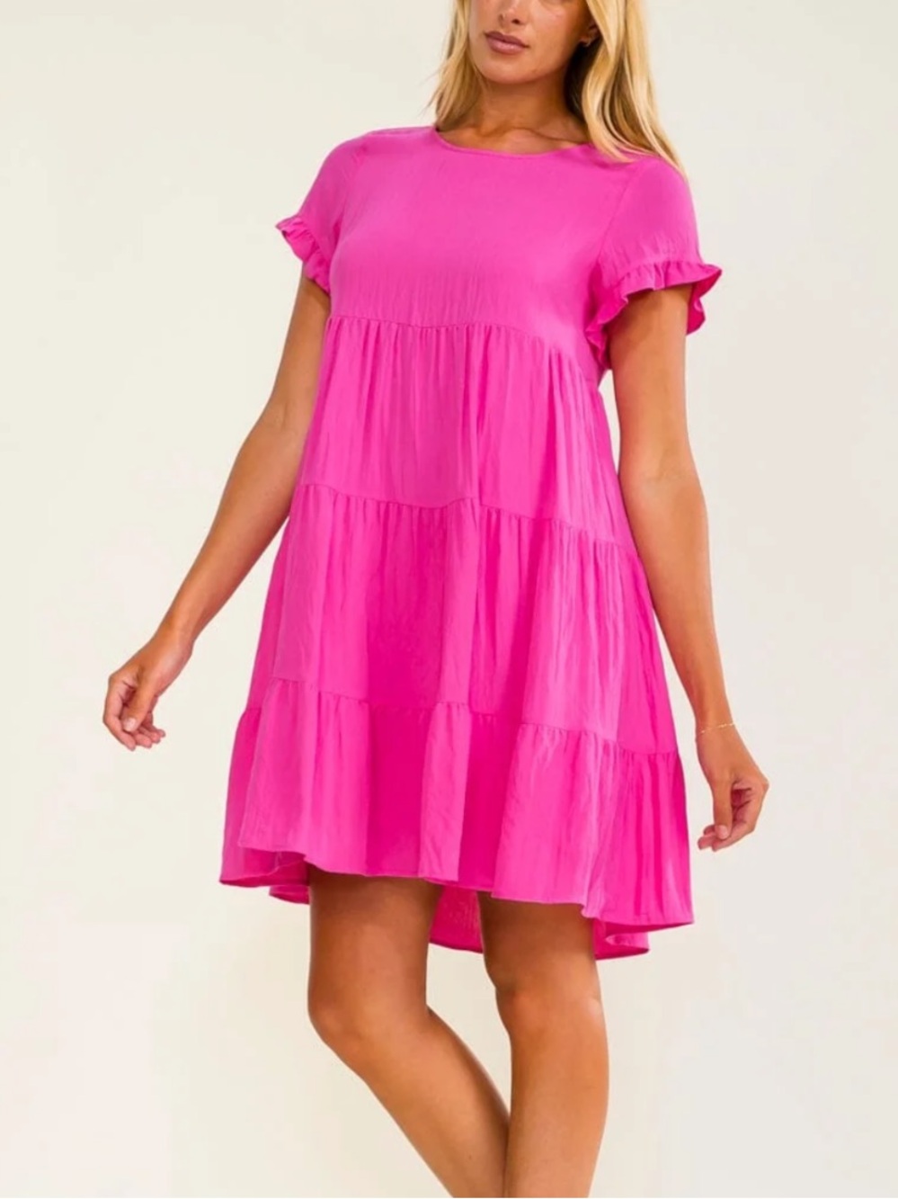 Short Sleeve Tiered Ruffle Flowy Tunic Dress - Picture 1 of 8